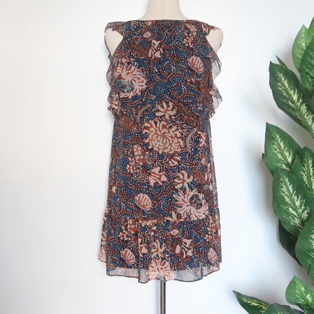 Madewell Navy & Brown V-neck Tassel Tie Flutter Sleeve Ruffle Hem Mini Dress XXS - Picture 8 of 16